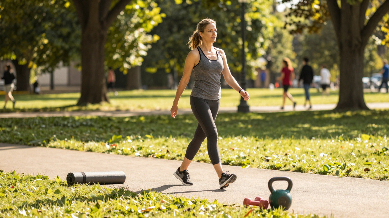 Femme sportive marchant dans un parc en tenue de sport avec tapis, haltères et kettlebell posés sur l'herbe.