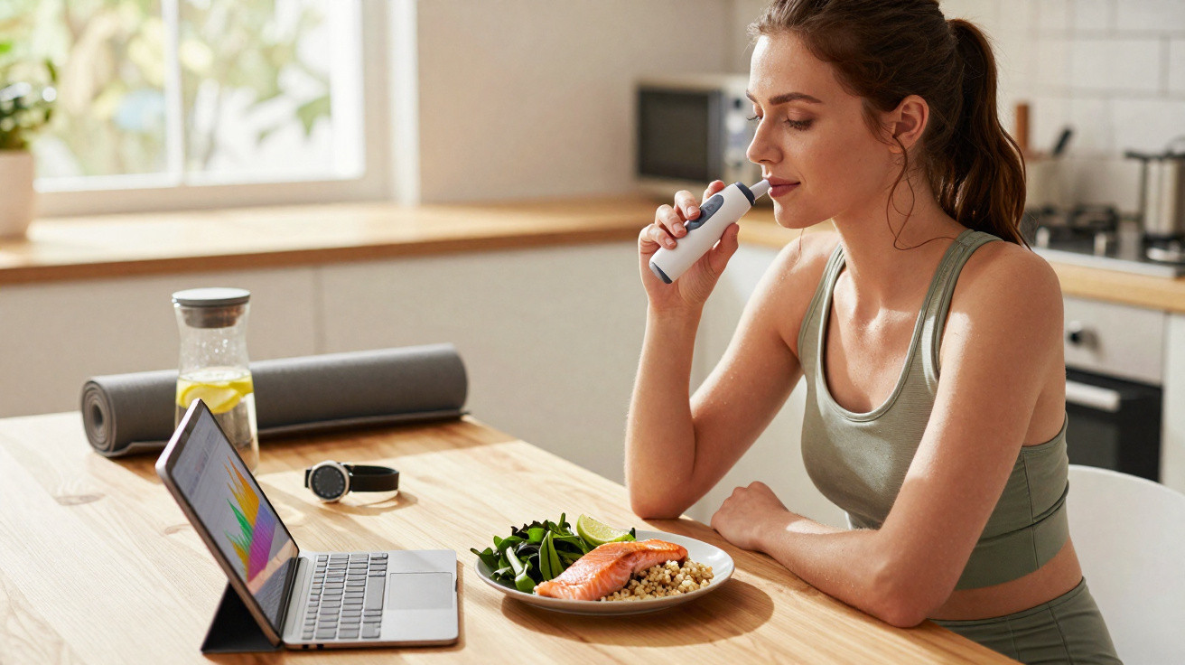 Femme en tenue de sport utilisant un inhalateur près d’une assiette saine et d’un ordinateur portable à la cuisine.