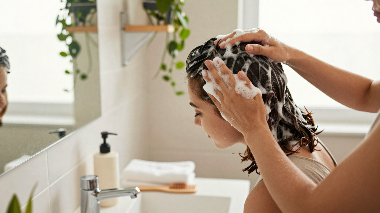 Personne lavant les cheveux d’une autre avec du shampoing dans une salle de bain lumineuse.
