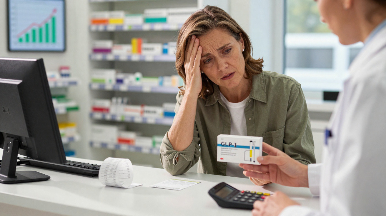 Femme inquiète parlant à une pharmacienne tenant une boîte de médicament dans une pharmacie.