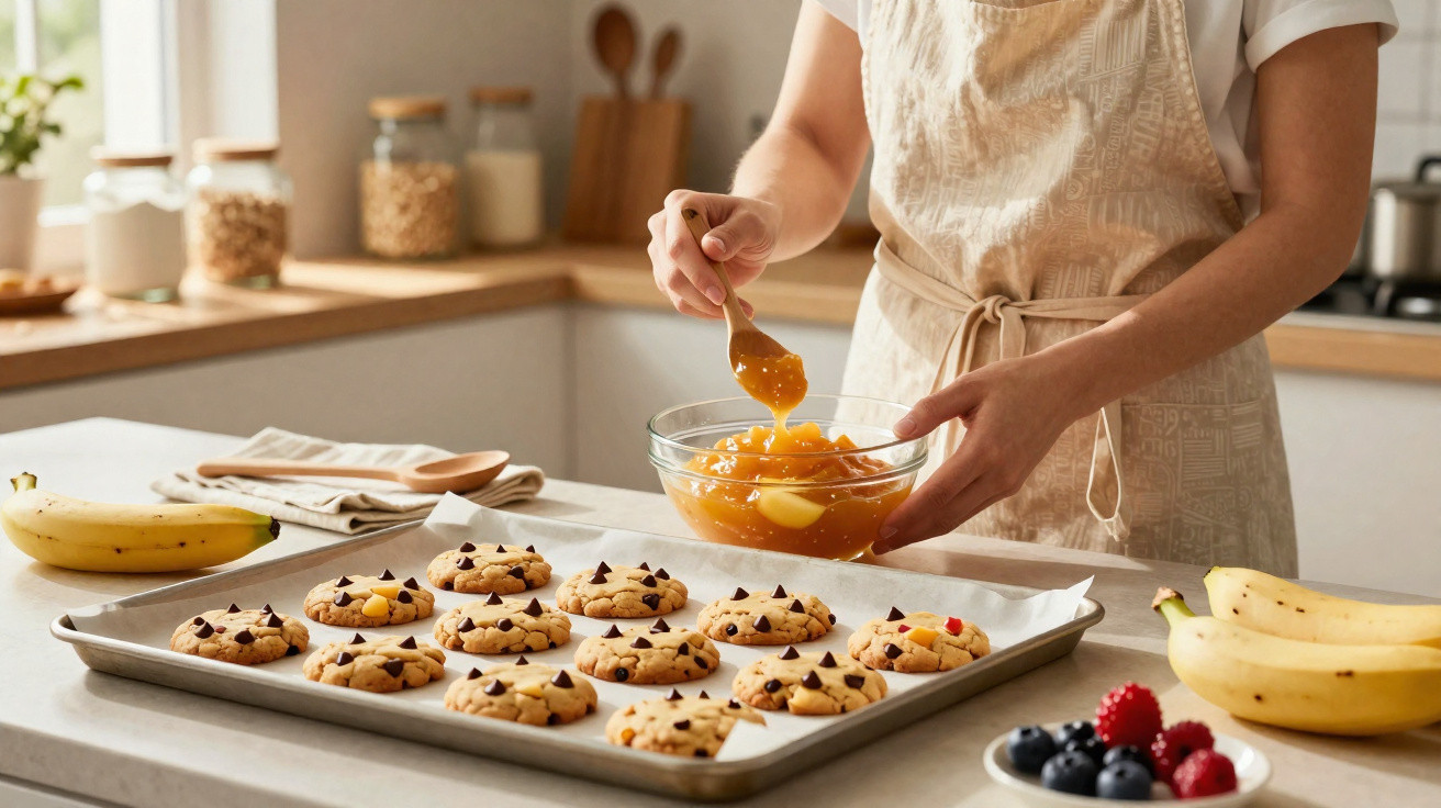 Personne en tablier versant une préparation orange dans un bol, cookies aux pépites de chocolat sur un plateau.