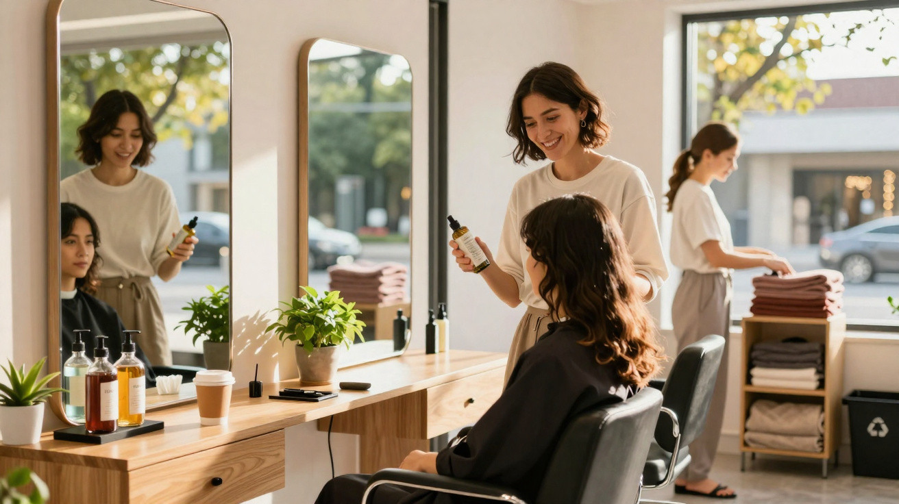 Coiffeuse souriante montrant un produit capillaire à une cliente dans un salon lumineux et moderne.