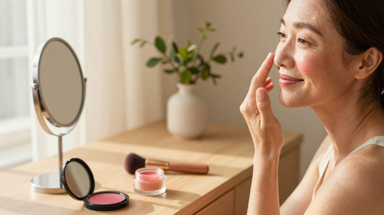 Femme appliquant une crème ou un soin sur son visage devant un miroir sur une coiffeuse en bois.