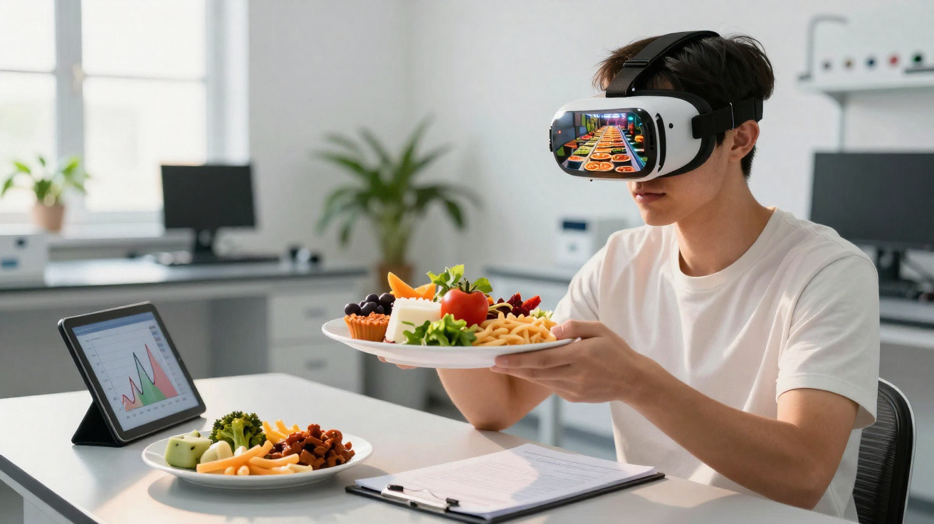 Jeune homme utilisant un casque de réalité virtuelle avec une assiette de nourriture devant lui, en bureau.