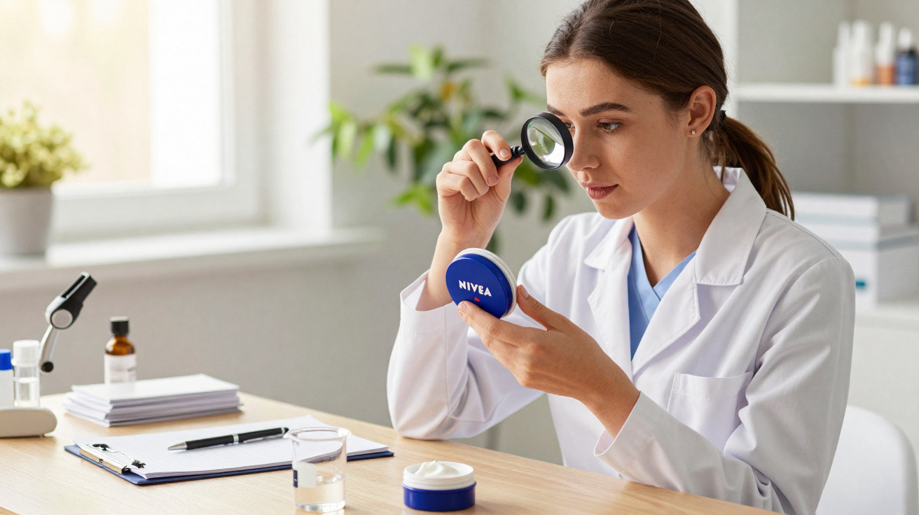 Chercheuse en blouse blanche examinant la crème Nivea avec une loupe dans un laboratoire lumineux.