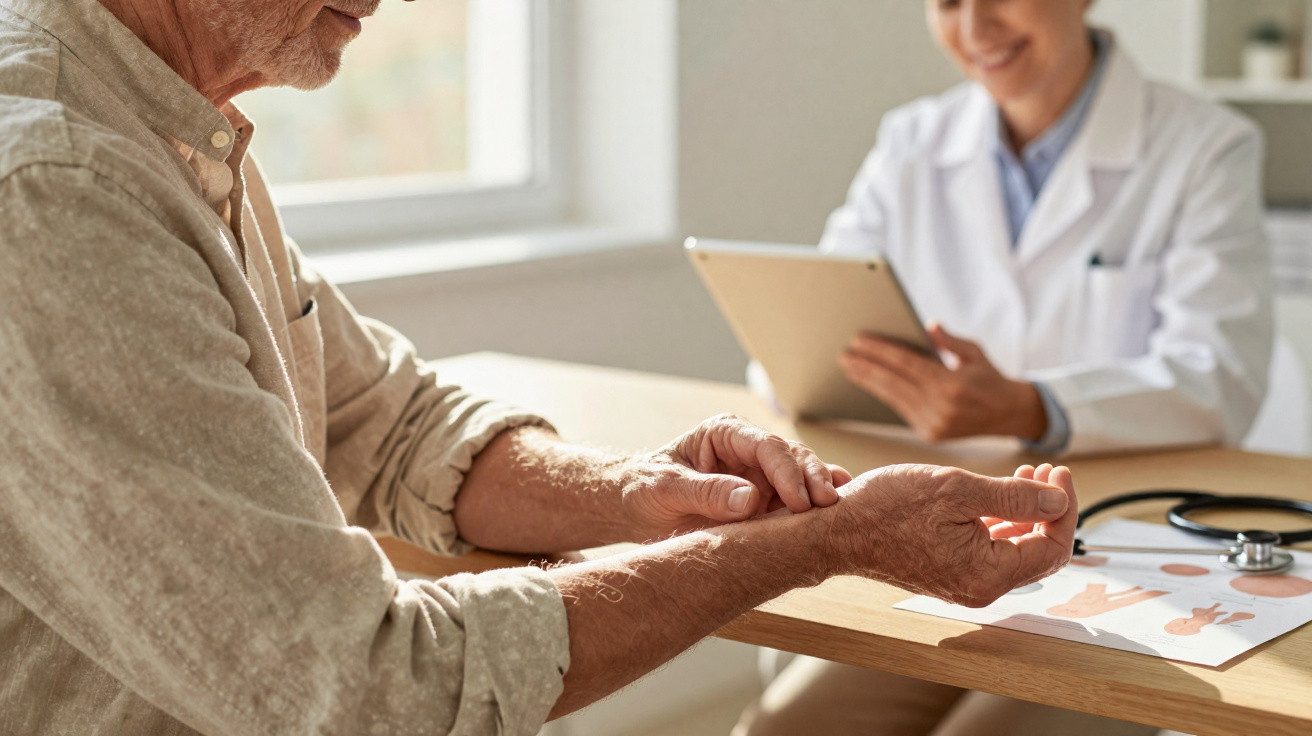 Patient âgé mesurant son pouls avec un médecin souriant tenant une tablette en consultation.