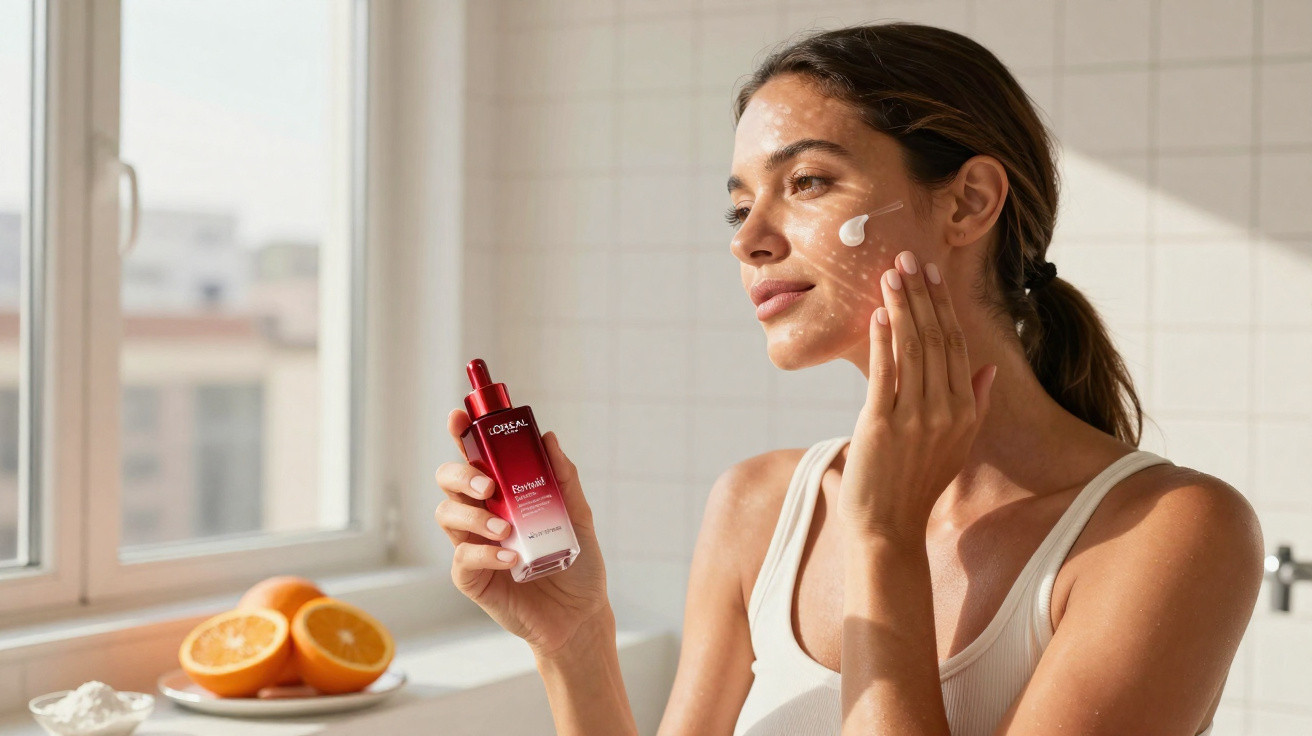 Femme appliquant une crème visage L'Oréal près d'une fenêtre, avec oranges et lumière naturelle.