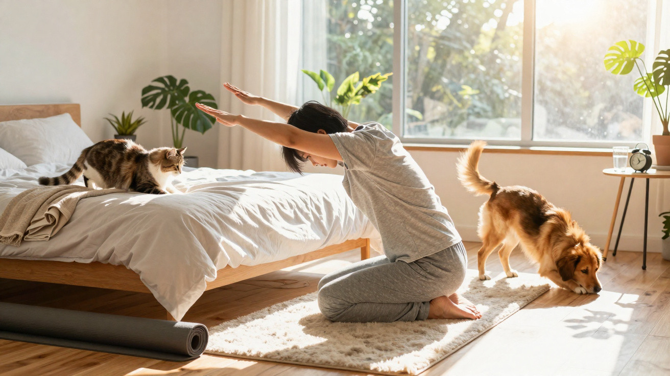 Personne en tenue de sport s'étire au sol près d'un lit avec un chat et un chien dans une chambre lumineuse.