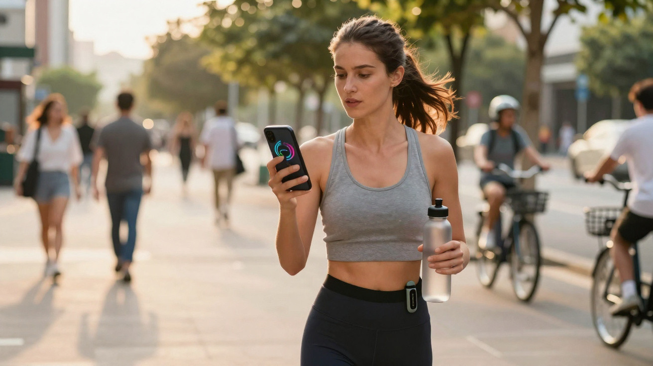 Jeune femme en tenue de sport, bouteille d’eau à la main, regarde son smartphone en marchant en ville.