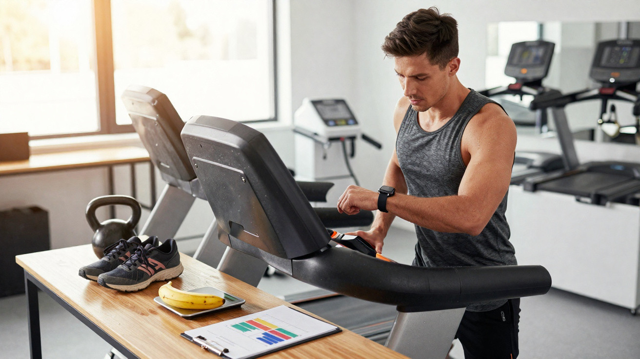 Jeune homme en tenue sportive ajustant sa montre connectée sur un tapis de course en salle de sport.