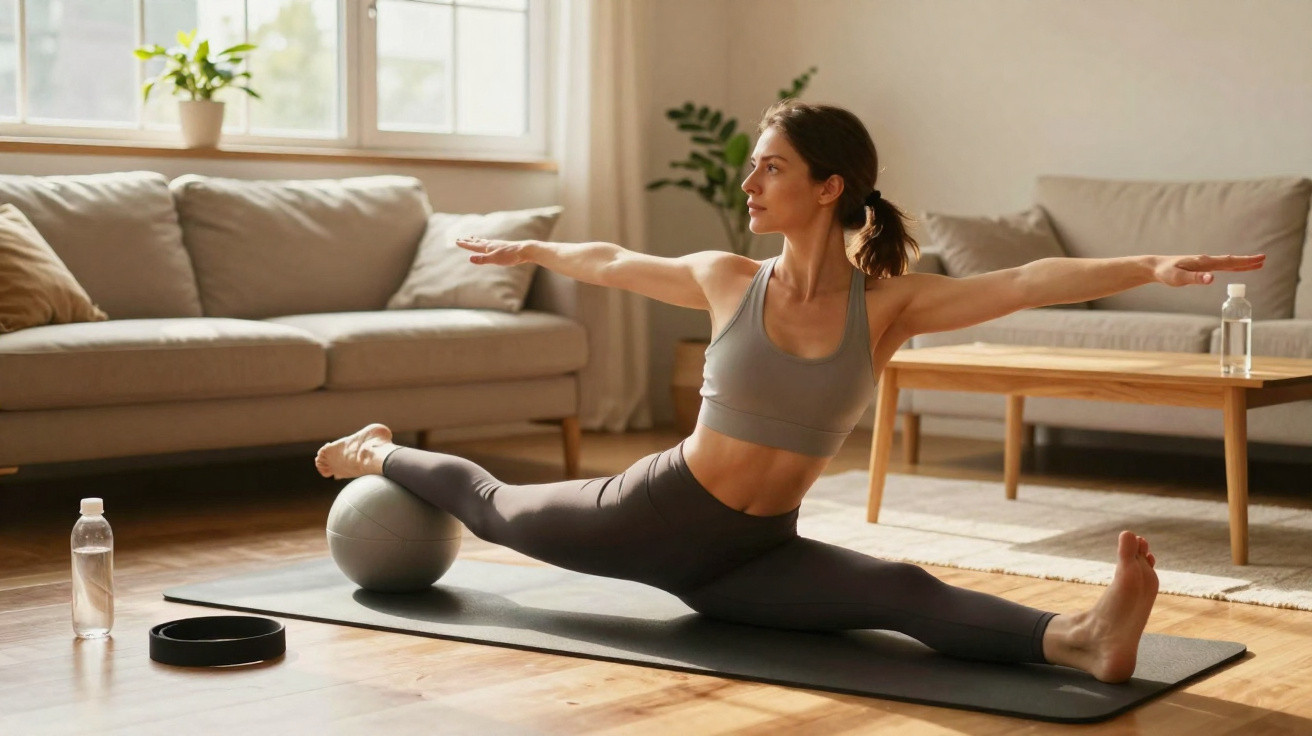 Femme faisant des étirements en split avec ballon de gym dans un salon lumineux et moderne.