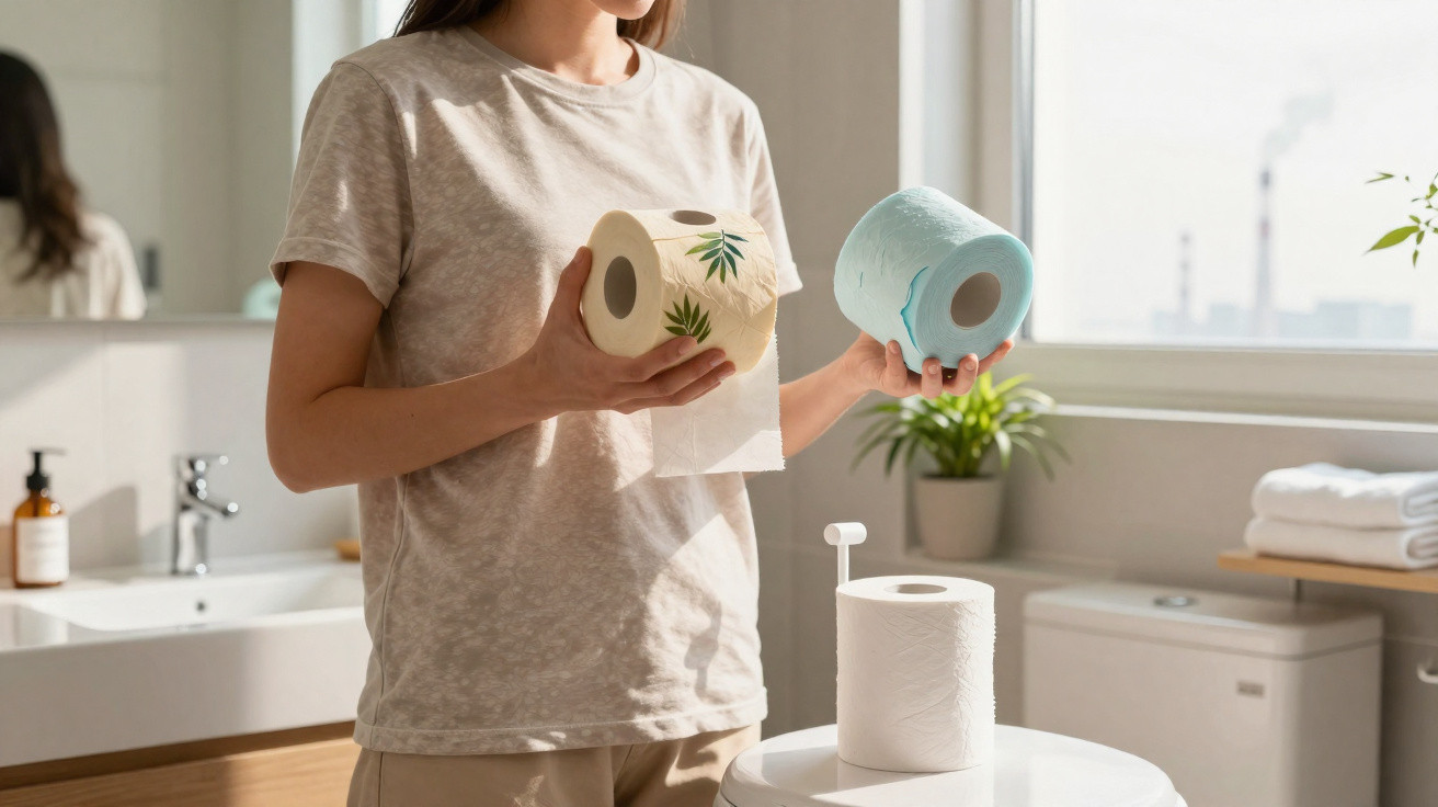 Femme choisissant entre deux rouleaux de papier toilette décoré dans une salle de bain lumineuse.