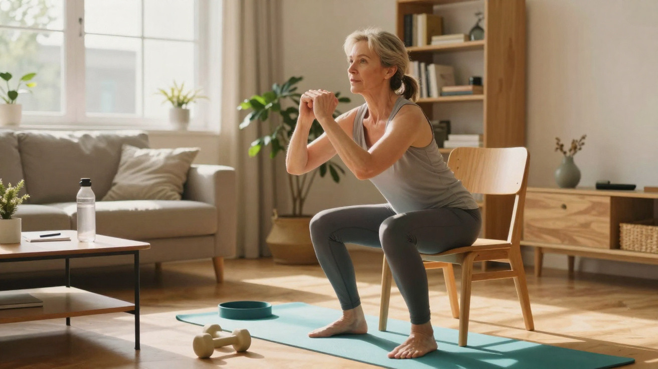 Femme adulte réalisant un exercice de squat avec chaise dans un salon lumineux et décoré.