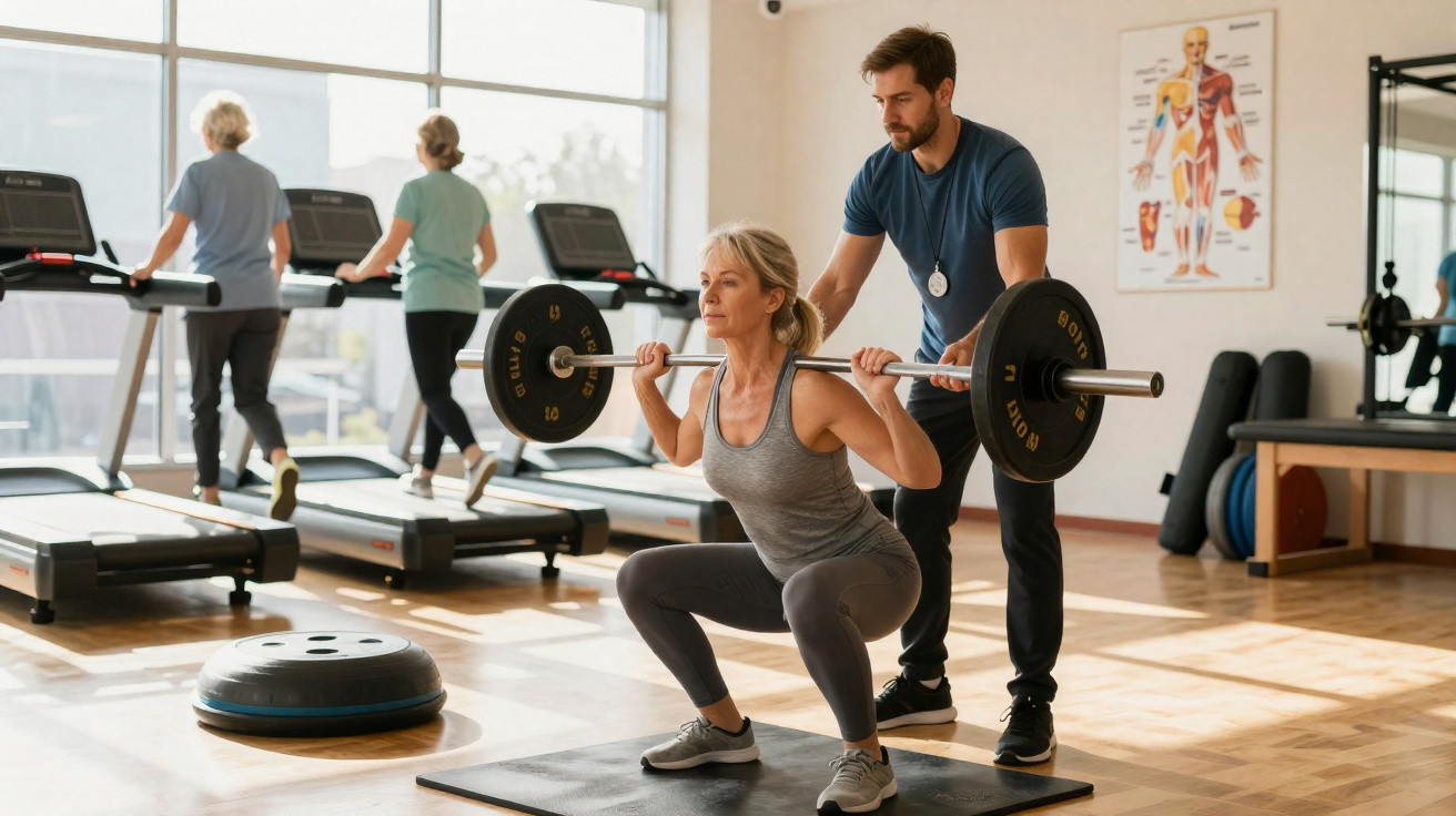 Une femme fait des squats avec une barre, assistée par un coach en salle de sport lumineuse.