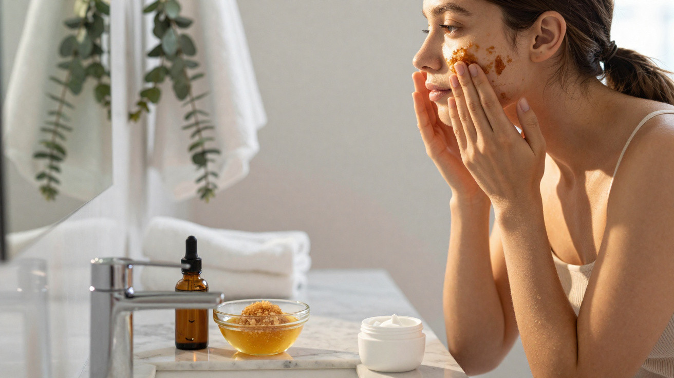Femme appliquant un gommage naturel sur le visage devant le miroir dans une salle de bain lumineuse.