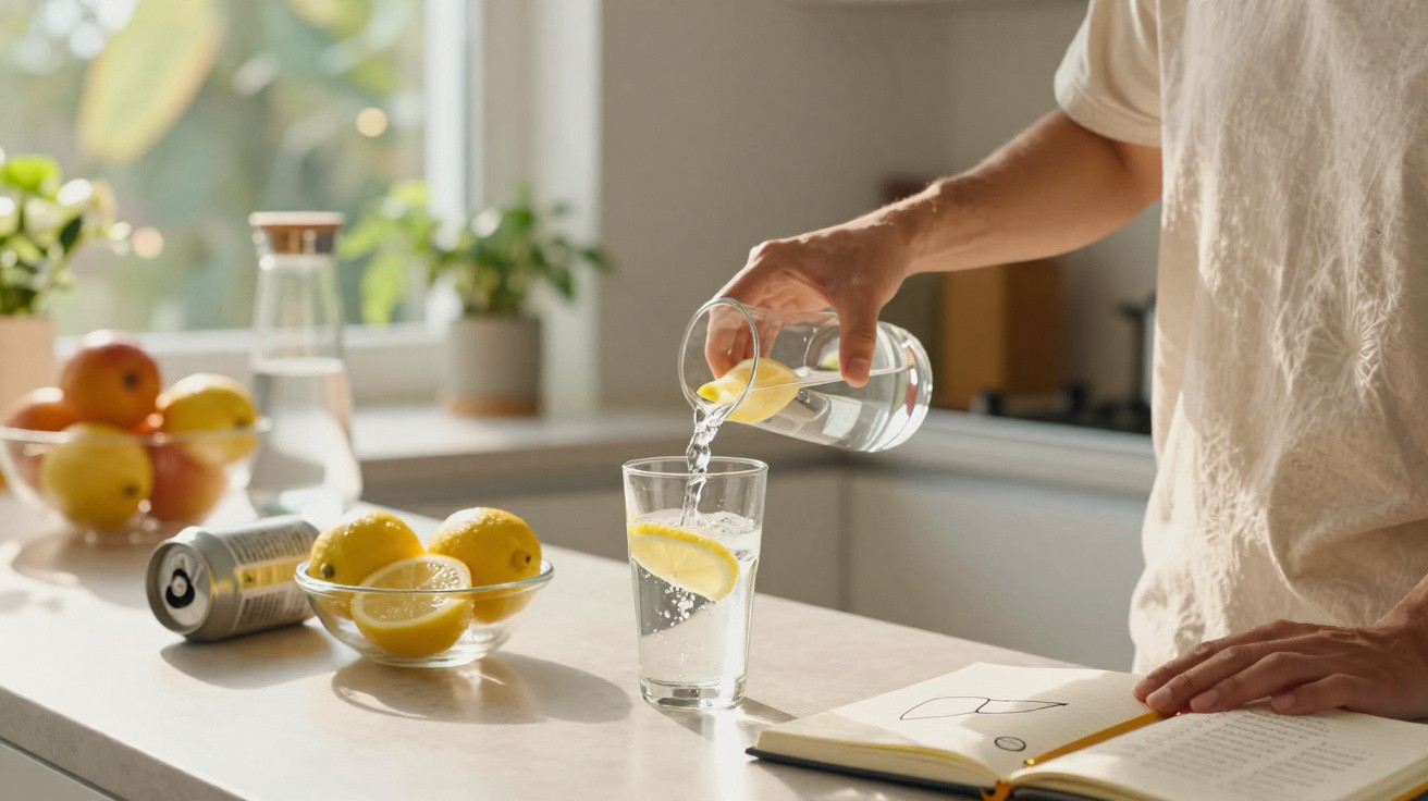 Une personne verse de l'eau citronnée dans un verre dans une cuisine lumineuse avec fruits et carnet.