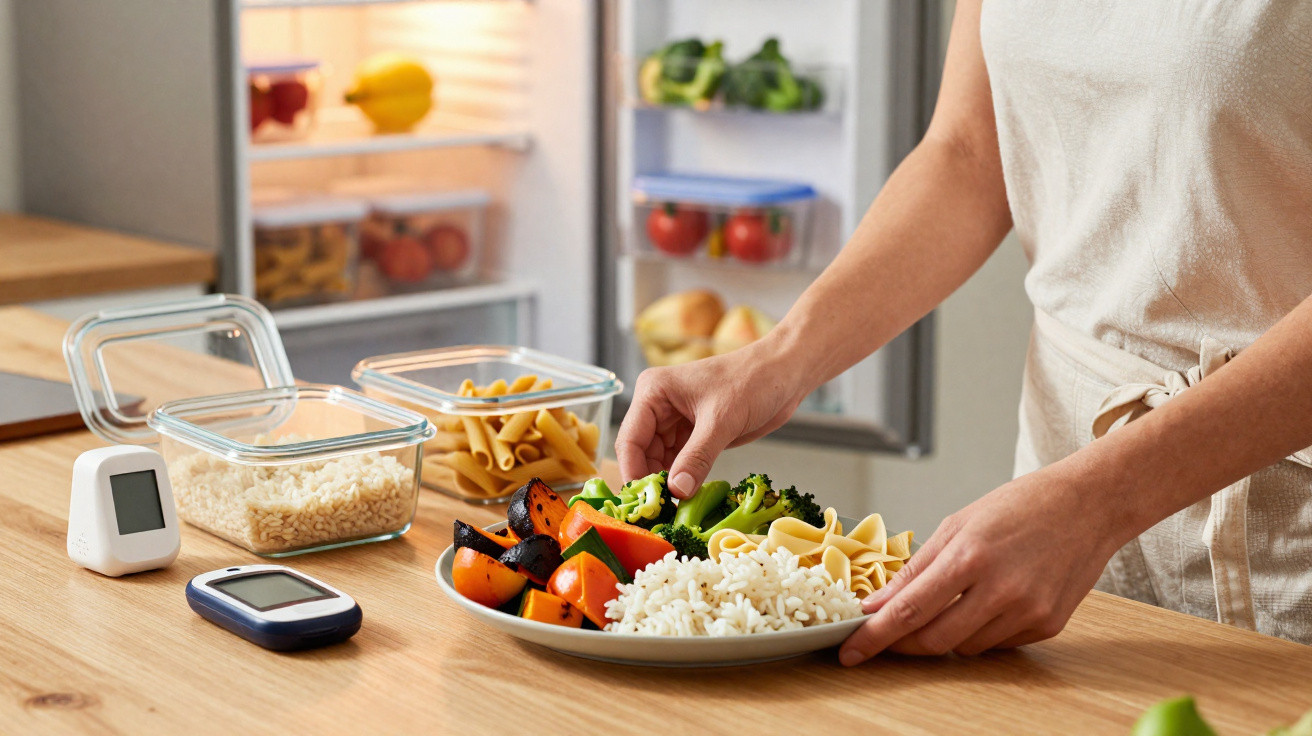 Personne préparant une assiette équilibrée avec légumes, riz et pâte devant un réfrigérateur ouvert.