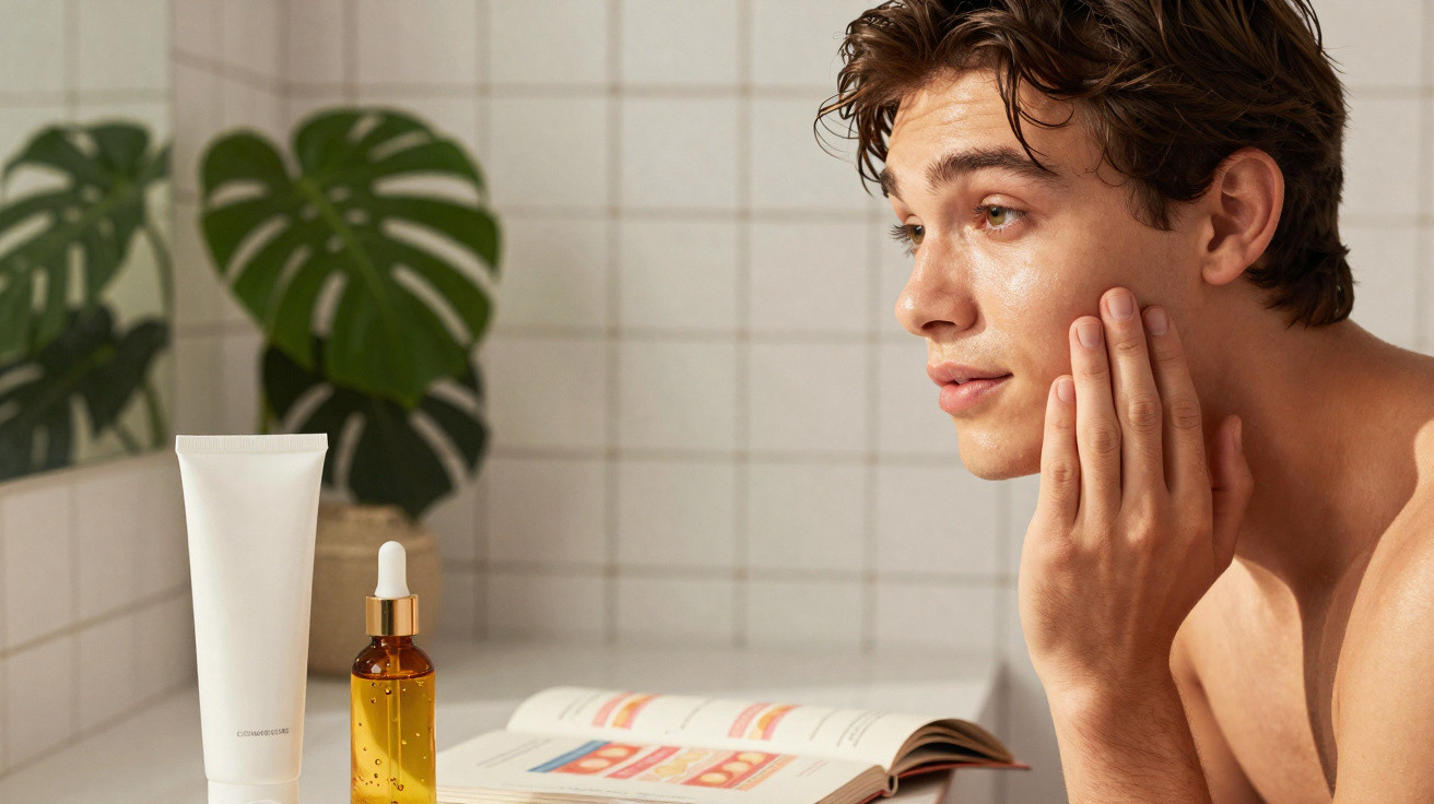 Jeune homme appliquant un soin du visage, avec des produits cosmétiques et un livre ouvert sur une table.