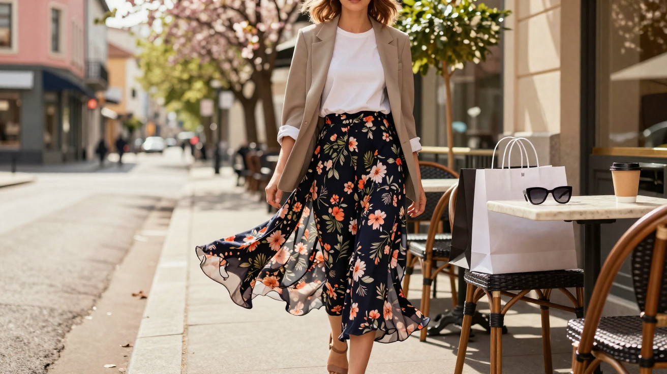 Femme marchant en jupe longue fleurie et veste beige sur une rue bordée de cafés sous un arbre en fleurs.