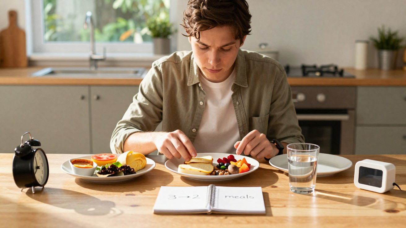 Jeune homme assis à une table en bois, préparant un repas sain avec fruits et légumes à la maison.