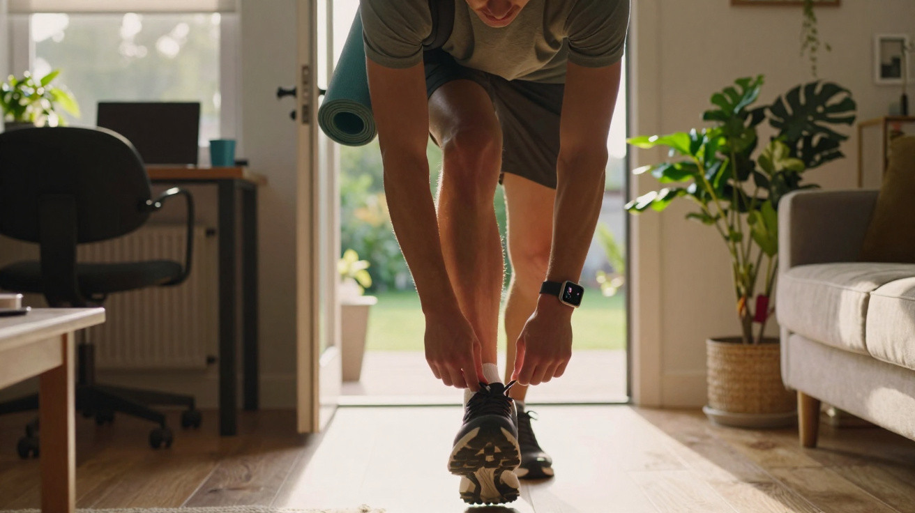 Homme attachant ses chaussures de sport dans un salon, prêt pour une séance de yoga avec un tapis sur l'épaule.
