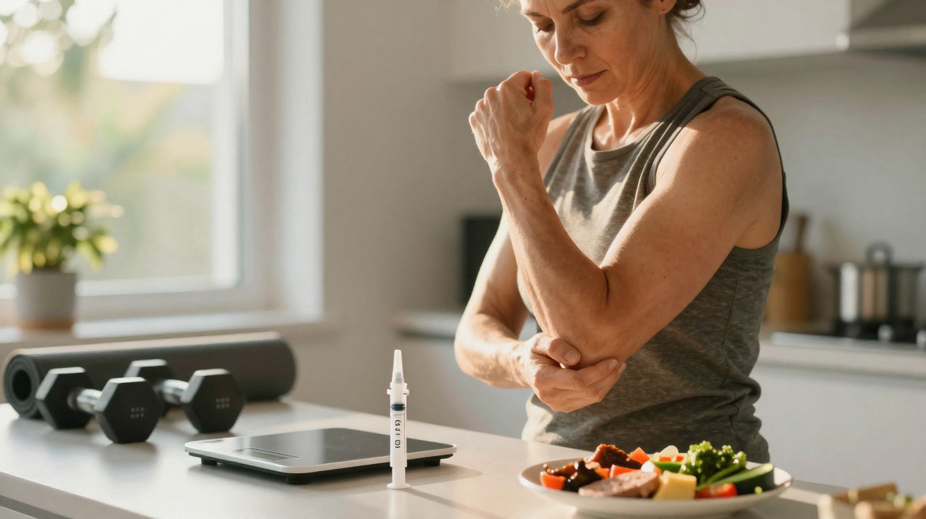 Femme vérifiant sa douleur au coude près d'une seringue d'injection, d'assiettes de légumes et d'haltères en arrière-plan.