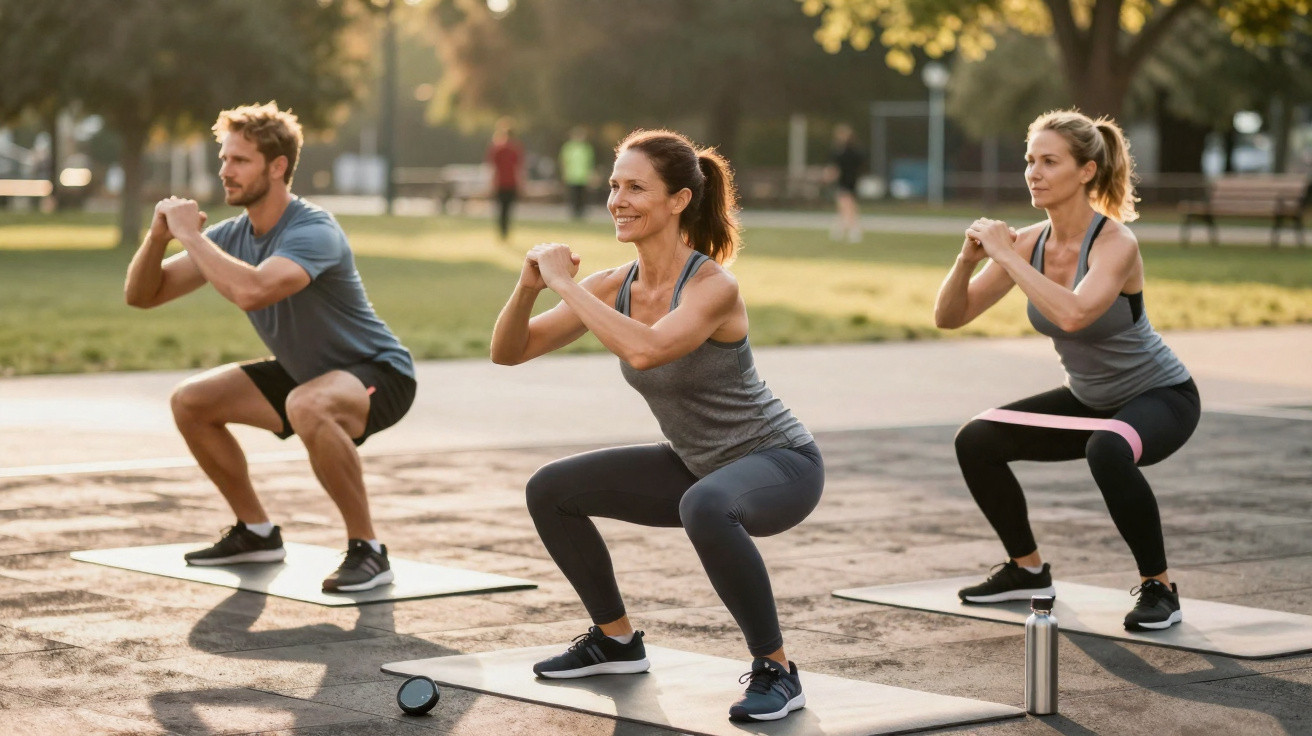 Trois adultes font des squats en groupe sur des tapis dans un parc ensoleillé.
