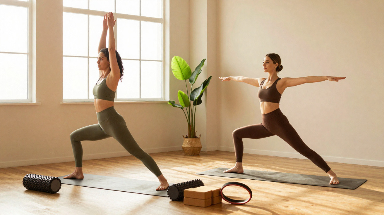 Deux femmes en tenue de sport pratiquent le yoga dans une pièce lumineuse avec plantes et accessoires.
