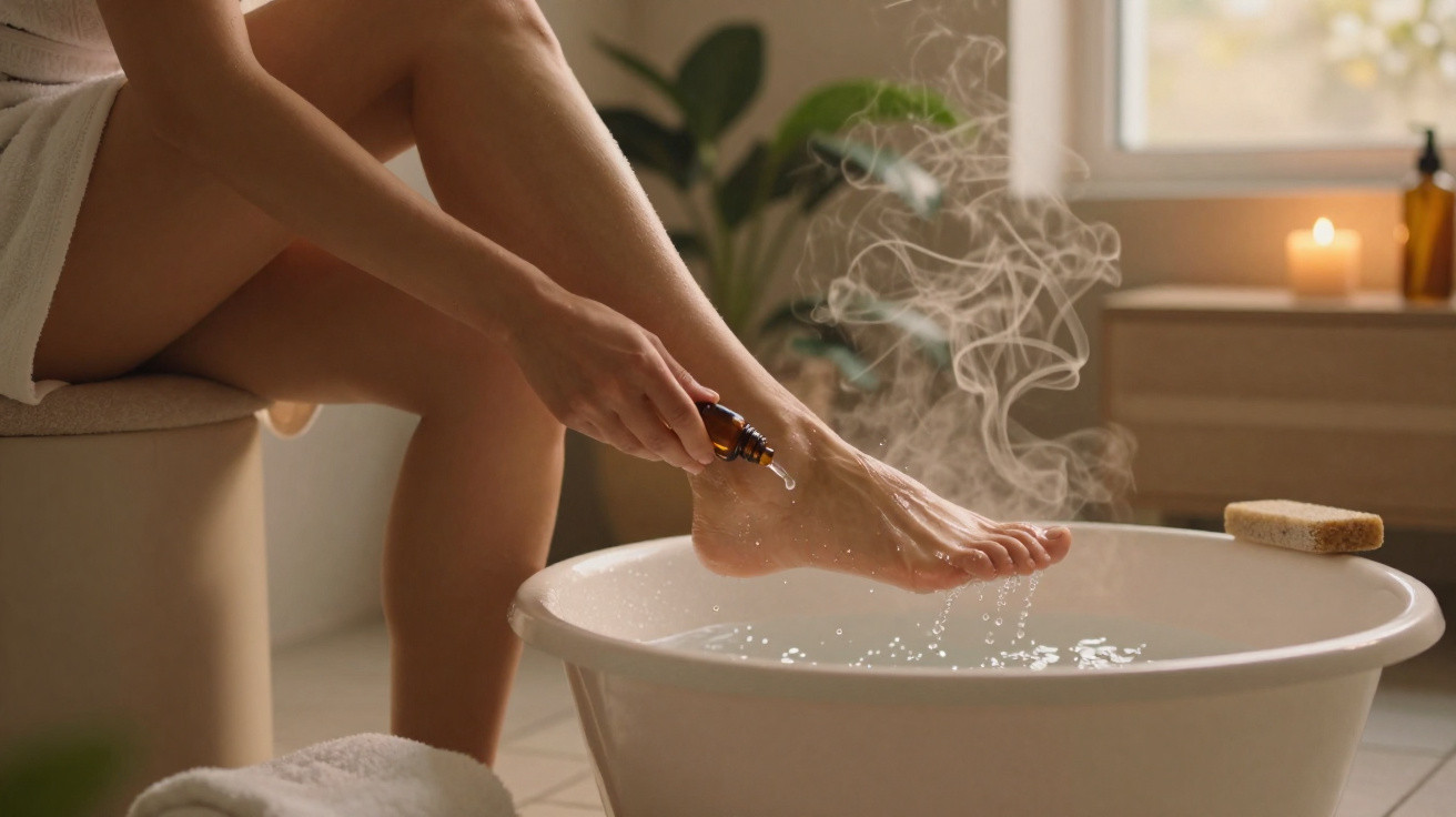 Personne versant des gouttes d’huile essentielle sur son pied dans une bassine d’eau chaude fumante.