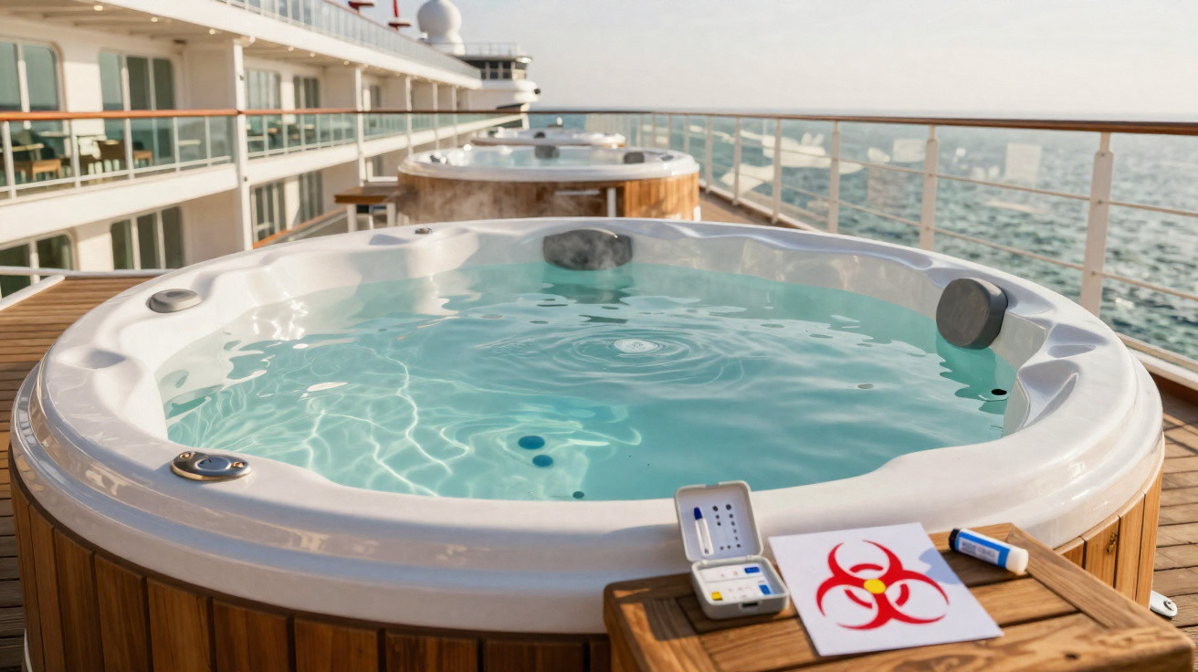 Jacuzzi d’un bateau de croisière avec kit de test et symbole de danger biologique sur une table en bois.