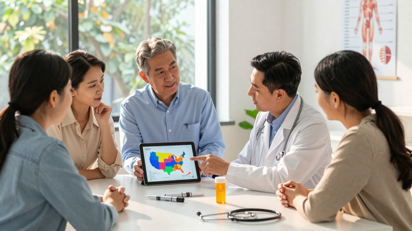 Médecin explique une carte des États-Unis à un groupe de patients lors d'une consultation en cabinet médical.