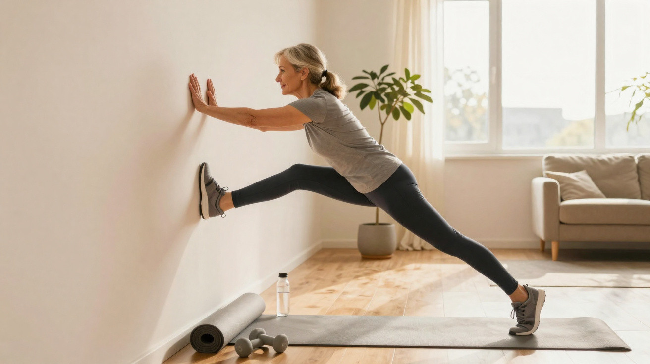 Femme effectuant un étirement des jambes contre un mur dans un salon lumineux avec tapis et haltères.