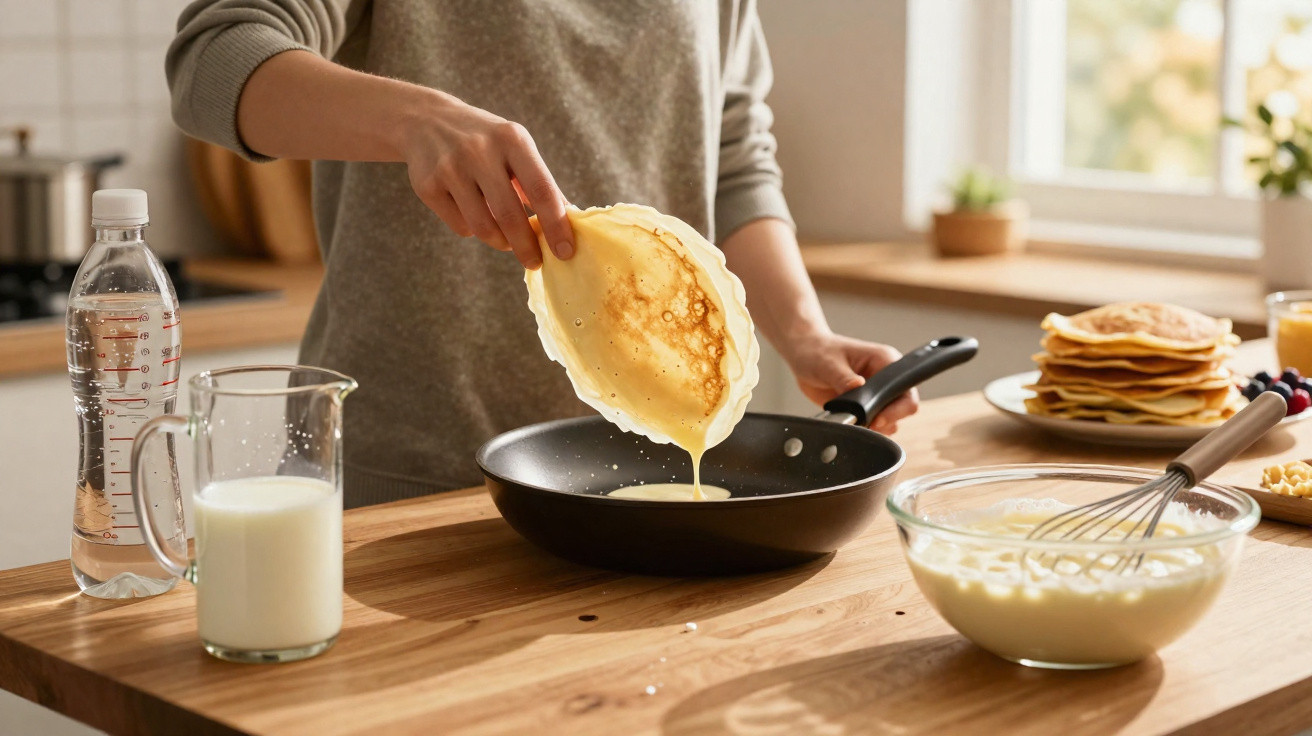 Personne versant une pâte à crêpe dans une poêle, avec ingrédients et crêpes empilées en arrière-plan.