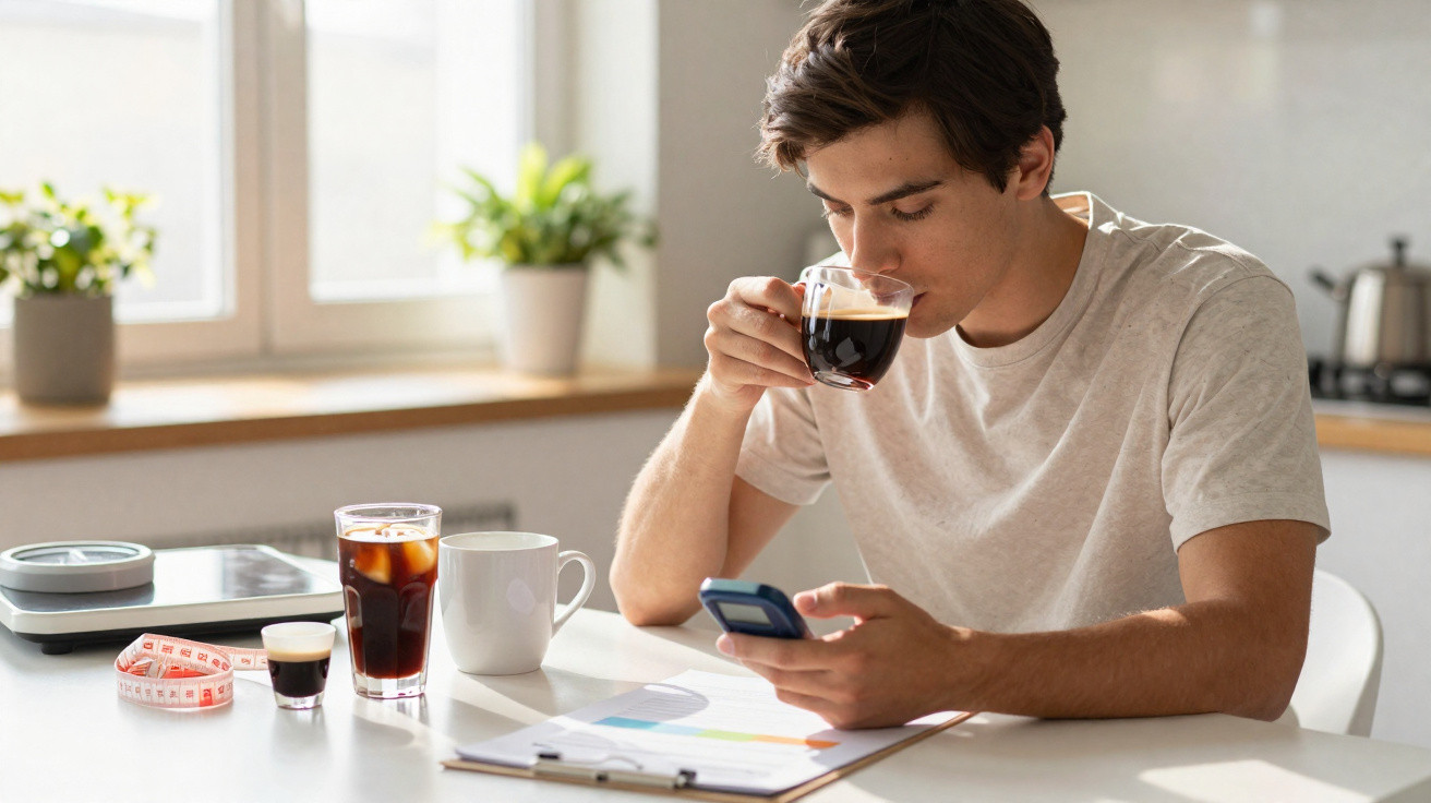 Jeune homme buvant un café noir tout en consultant son téléphone à une table lumineuse de cuisine.