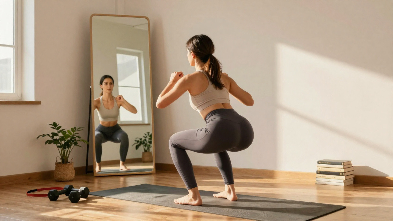 Femme en tenue de sport fait des squats devant un miroir dans un salon lumineux avec tapis de yoga.