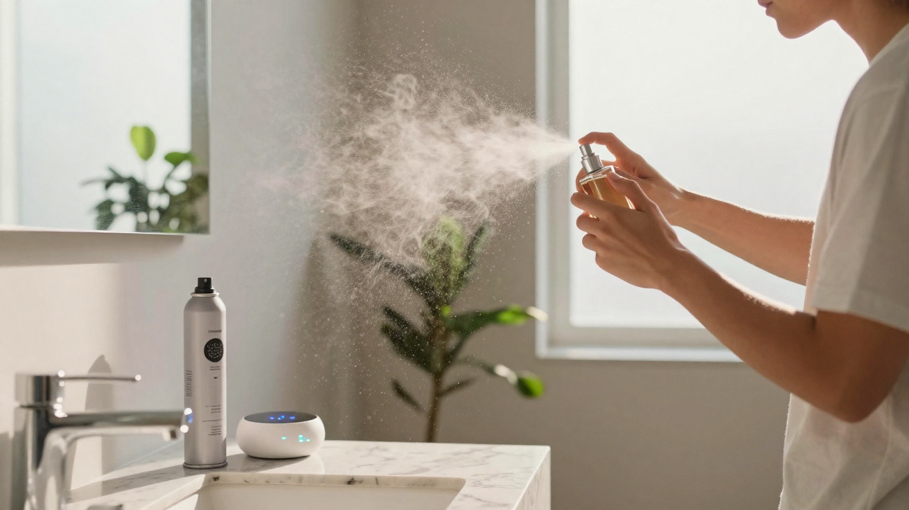 Personne vaporisant du parfum dans une salle de bain lumineuse avec plante et miroir.