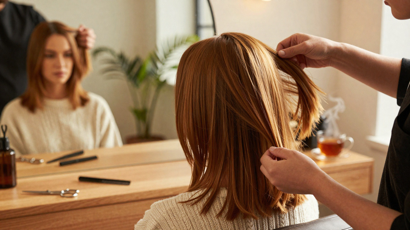 Salon de coiffure, coiffeur ajustant les cheveux roux d'une cliente devant un miroir.