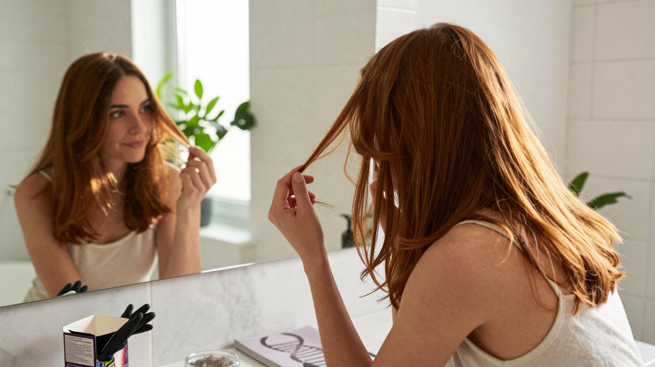 Femme rousse regardant ses cheveux dans un miroir de salle de bain lumineuse avec des plantes en arrière-plan.