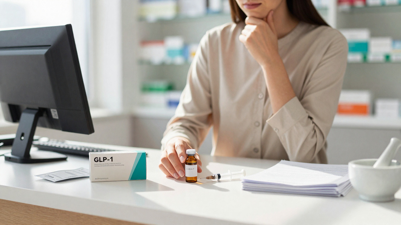 Pharmacienne réfléchissant devant un flacon de médicament, une seringue, et une boîte GLP-1 sur un comptoir blanc.
