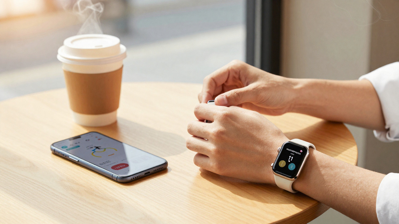 Mains portant une montre connectée, smartphone et tasse de café fumante sur une table en bois clair.