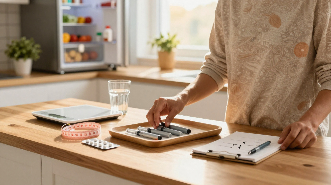 Personne debout dans une cuisine avec stylos, tablette, verre d'eau, médicaments et carnet sur un plan de travail.