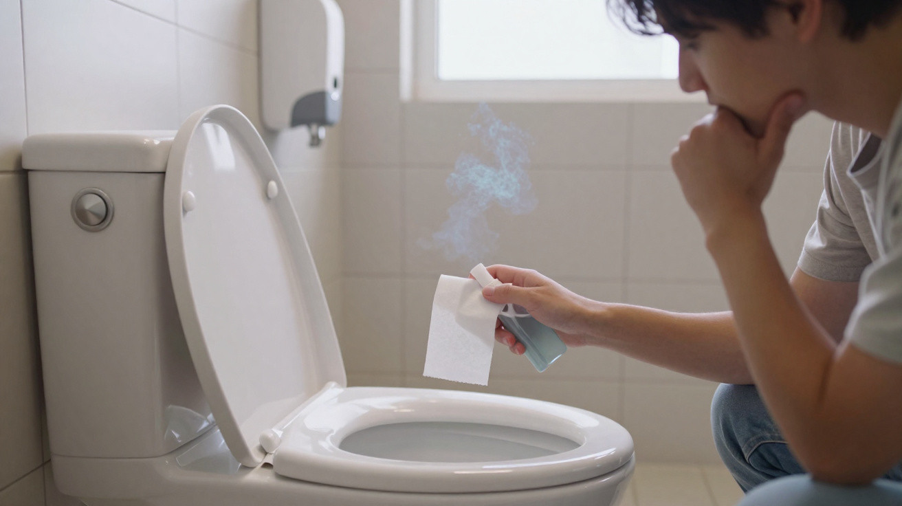 Homme utilisant un désodorisant en spray près d'une cuvette de toilettes dans une salle de bain.