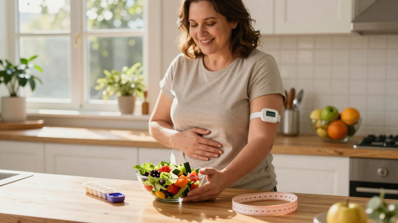 Femme souriante tenant une salade fraîche, dans une cuisine lumineuse, avec un glucomètre au bras.