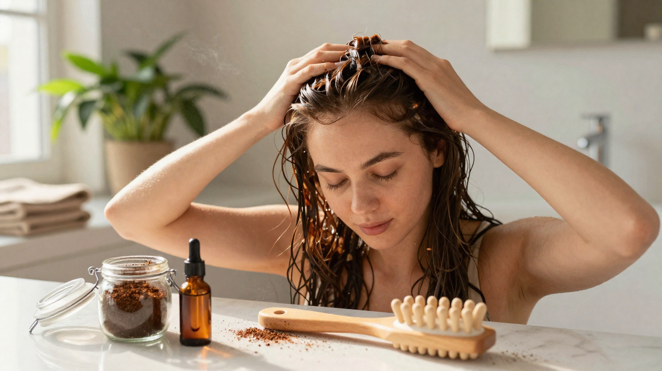 Femme appliquant un soin capillaire naturel à base de poudre et d'huile dans une salle de bain lumineuse.