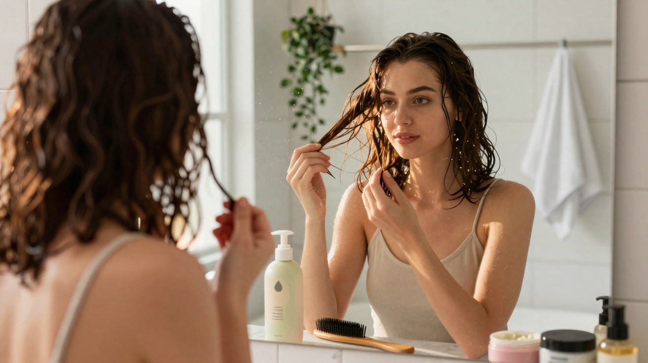 Jeune femme aux cheveux mouillés regardant son reflet dans un miroir de salle de bain moderne.