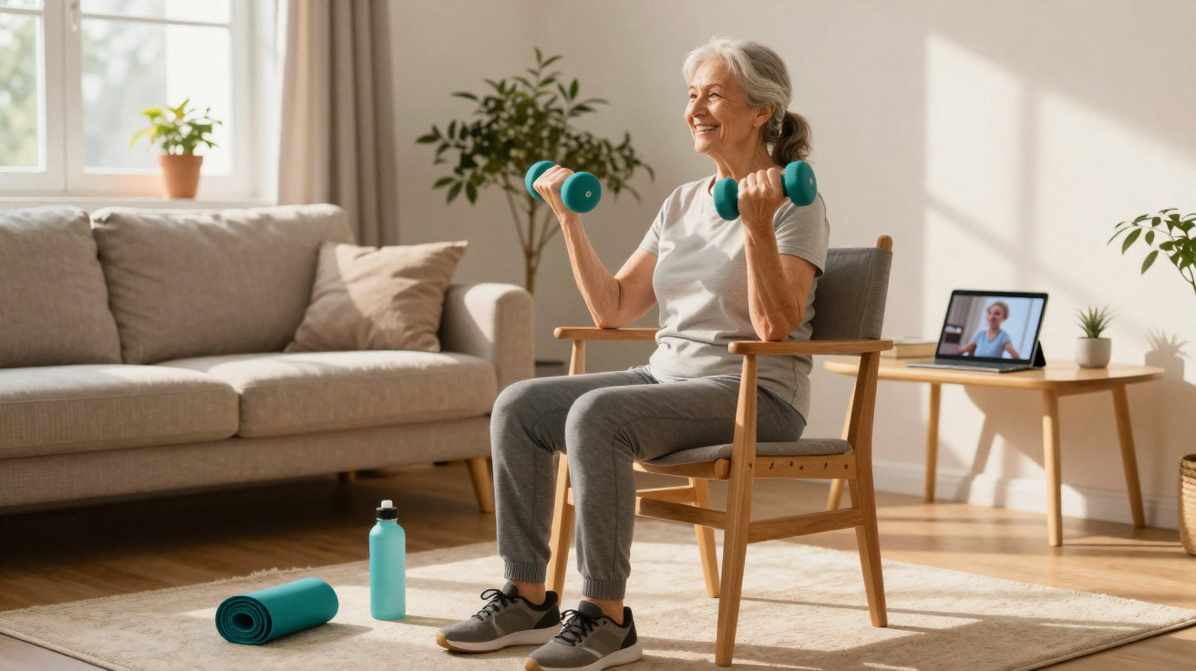 Femme âgée souriante fait des exercices avec haltères assise dans un salon lumineux, tablette pour cours en ligne.