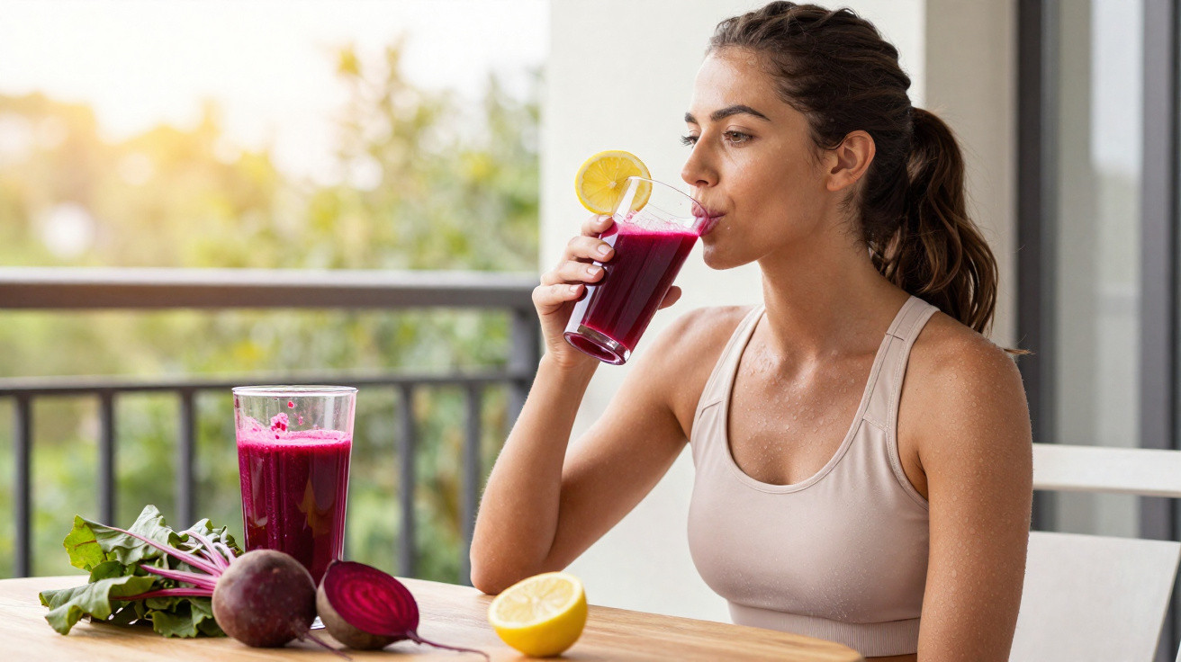 Femme buvant un jus de betterave avec une tranche de citron, assise à une table avec betteraves et citron coupé.