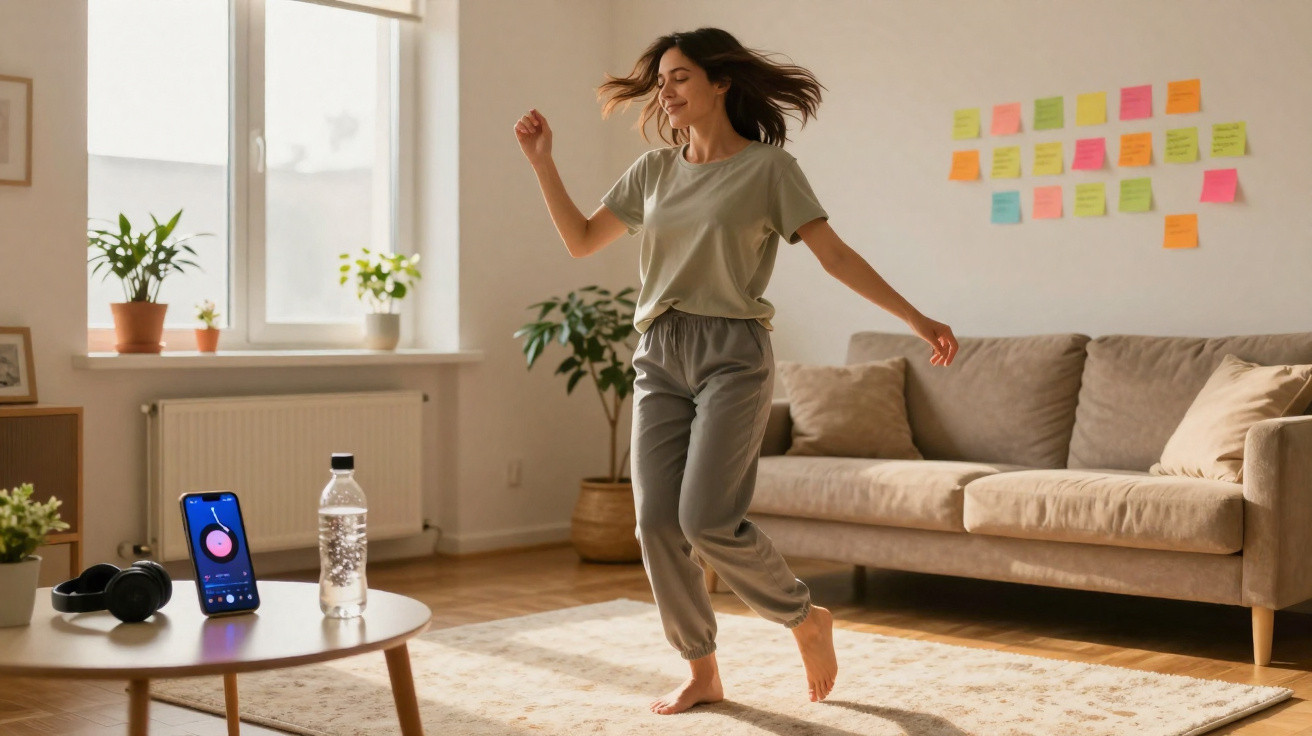 Femme dansant joyeusement dans un salon lumineux avec smartphone, bouteille d'eau et canapé beige en arrière-plan.