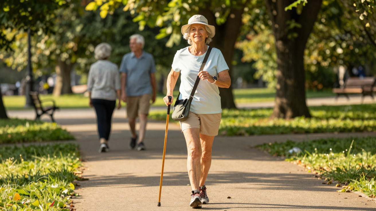 Personne âgée souriante marchant avec une canne dans un parc ensoleillé, d'autres promeneurs en arrière-plan.