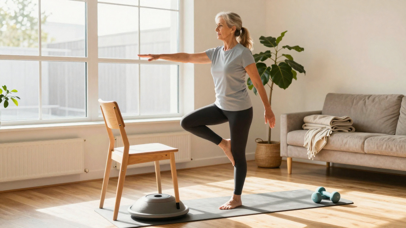 Femme senior faisant un exercice d'équilibre sur un tapis de yoga dans un salon lumineux avec chaise et haltères.